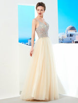 Ball Gown V-neck Beading Sleeveless Long Tulle Prom Dress-ballbellauk