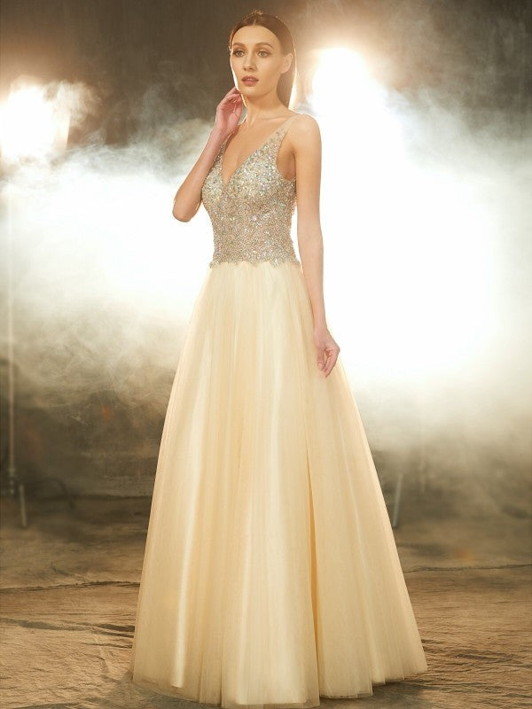 Ball Gown V-neck Beading Sleeveless Long Tulle Prom Dress-ballbellauk