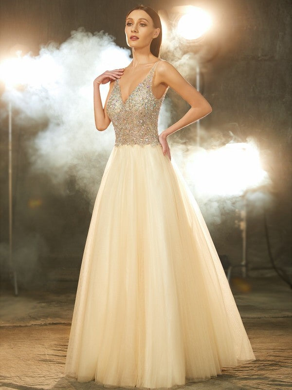 Ball Gown V-neck Beading Sleeveless Long Tulle Prom Dress-ballbellauk