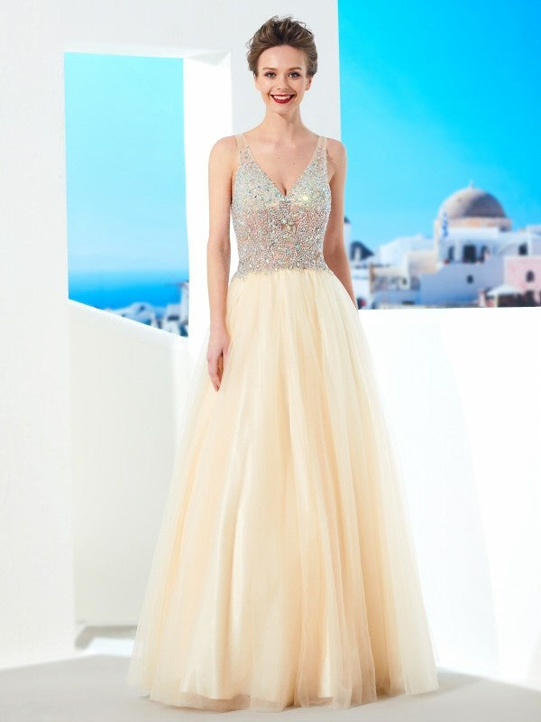 Ball Gown V-neck Beading Sleeveless Long Tulle Prom Dress-ballbellauk