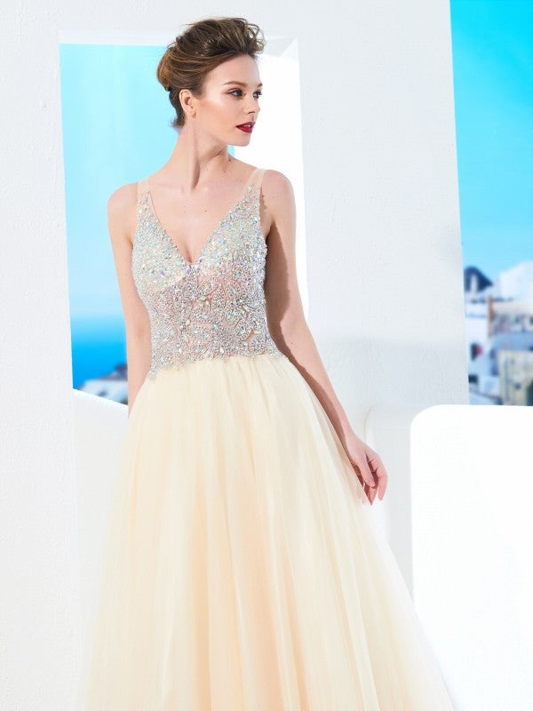 Ball Gown V-neck Beading Sleeveless Long Tulle Prom Dress-ballbellauk