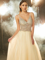 Ball Gown V-neck Beading Sleeveless Long Tulle Prom Dress-ballbellauk