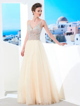 Ball Gown V-neck Beading Sleeveless Long Tulle Prom Dress-ballbellauk