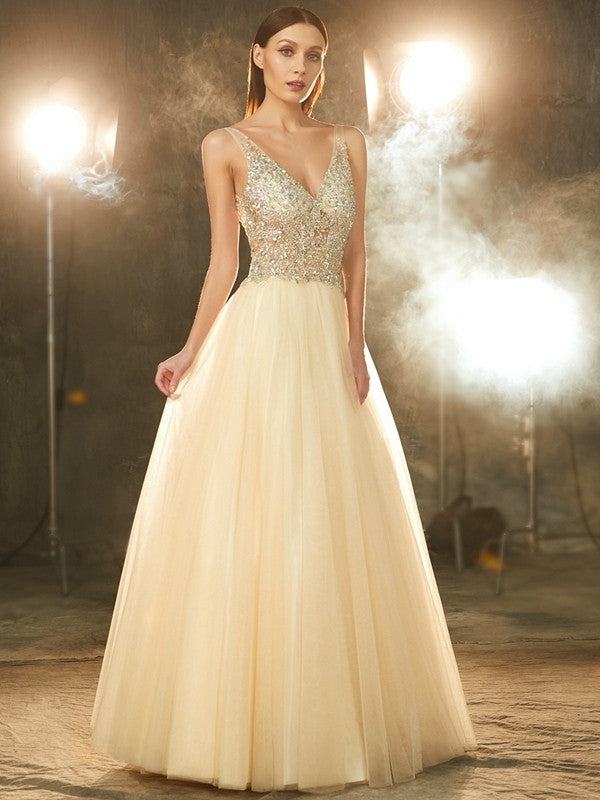 Ball Gown V-neck Beading Sleeveless Long Tulle Prom Dress-ballbellauk