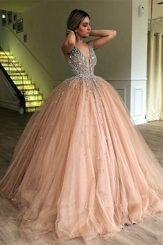 Ball Gown V-neck Sleeveless Beading Tulle Prom Dress online-ballbellauk