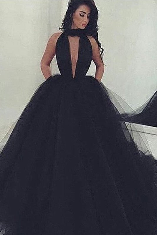 Ball Gown V-neck Sleeveless Court Train Tulle Prom Dress-ballbellauk