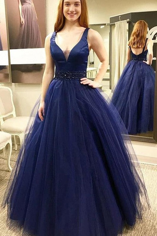 Ball Gown V-neck Sleeveless Long Beading Tulle Prom Dress-ballbellauk