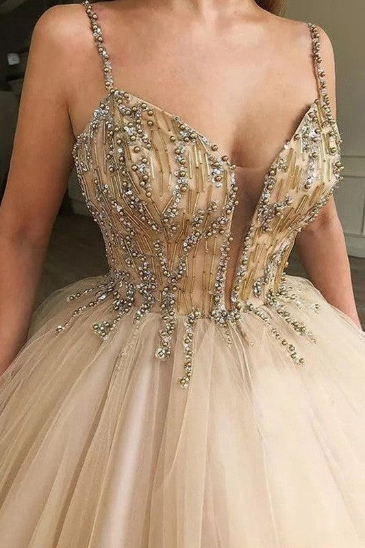 Ball Gown V-neck Tulle Sleeveless Beading Long Prom Dress-ballbellauk