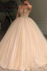 Ball Gown V-neck Tulle Sleeveless Beading Long Prom Dress-ballbellauk