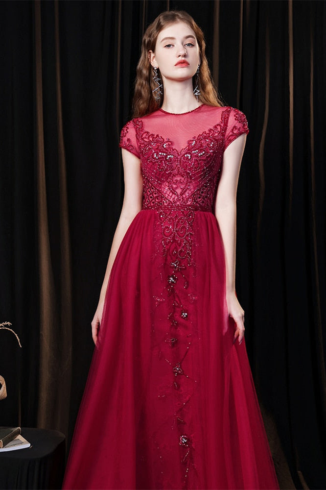 Beaded Burgundy Mermaid Evening Dress with Tulle Overskirt and Short Sleeves-ballbellauk