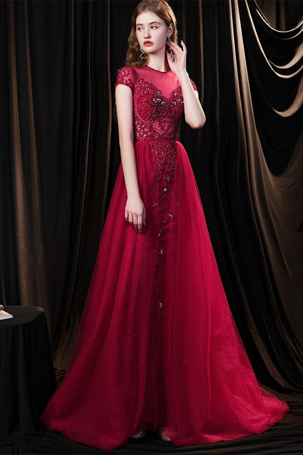 Beaded Burgundy Mermaid Evening Dress with Tulle Overskirt and Short Sleeves-ballbellauk