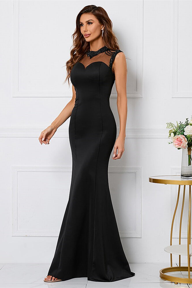 Beaded High Collar Mermaid Sleeveless Evening Dress - Black-ballbellauk