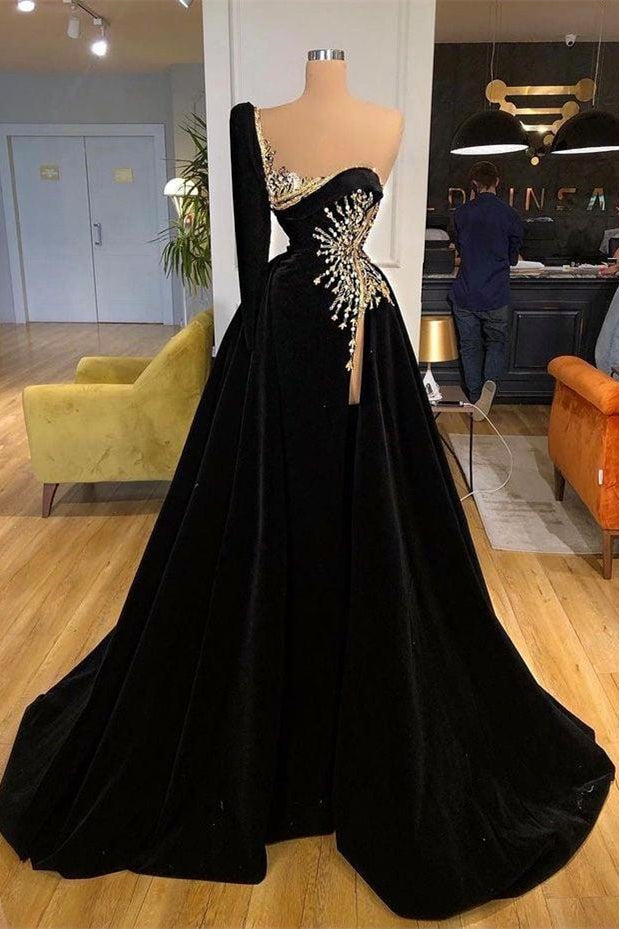 Beading Sweetheart A-line Black Prom Dress With One Sleeve-ballbellauk