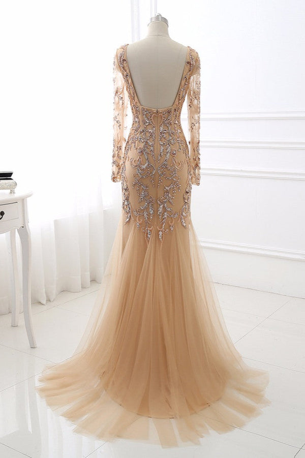 Beautiful Champagne V-Neck Evening Dress with Beadings and Rhinestones-ballbellauk