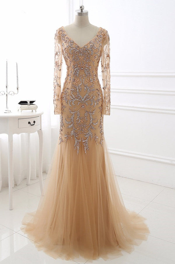 Beautiful Champagne V-Neck Evening Dress with Beadings and Rhinestones-ballbellauk