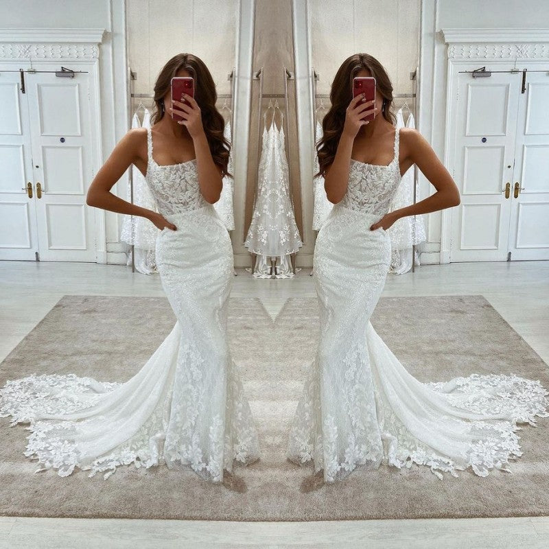 Beautiful Lace Mermaid Wedding Dress Long Sleeveless Starps-ballbellauk