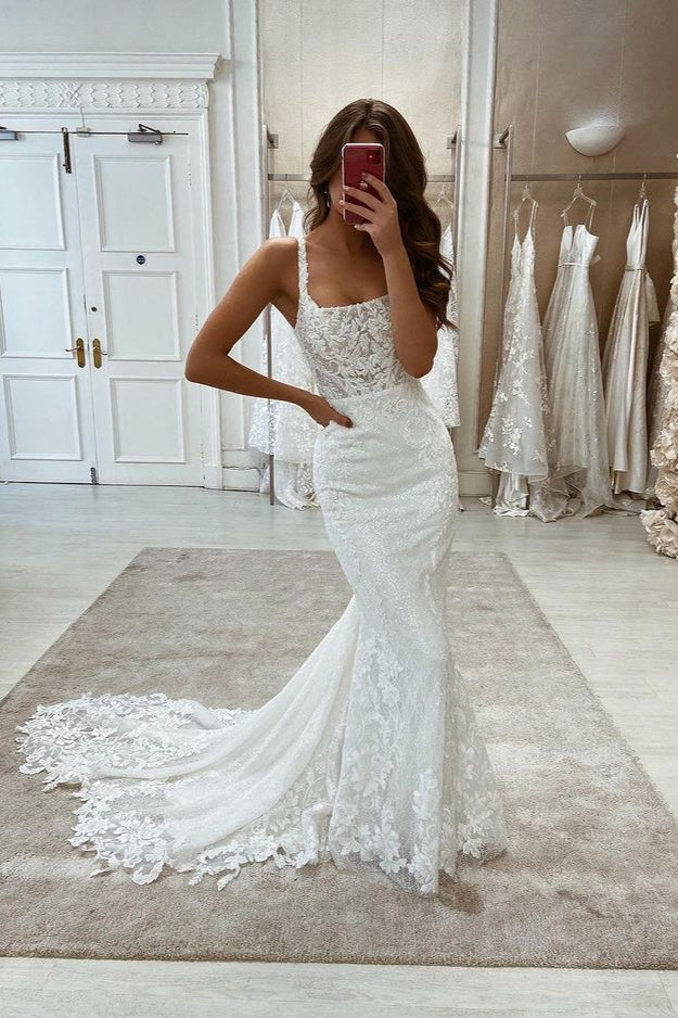 Beautiful Lace Mermaid Wedding Dress Long Sleeveless Starps-ballbellauk