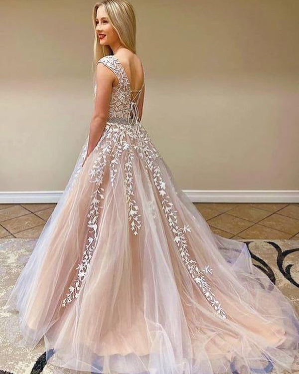 Beautiful Lace Prom Dress Long Tulle Evening Ball Dresses Cap Sleeve-ballbellauk