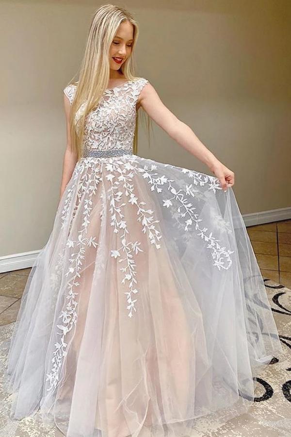 Beautiful Lace Prom Dress Long Tulle Evening Ball Dresses Cap Sleeve-ballbellauk