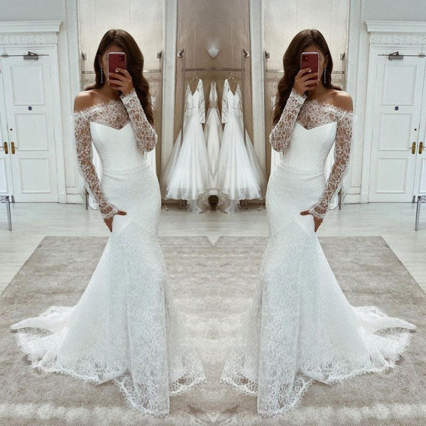 Beautiful Off-the-Shoulder Lace Wedding Dress Mermaid Bridal Gowns Long Sleeves-ballbellauk