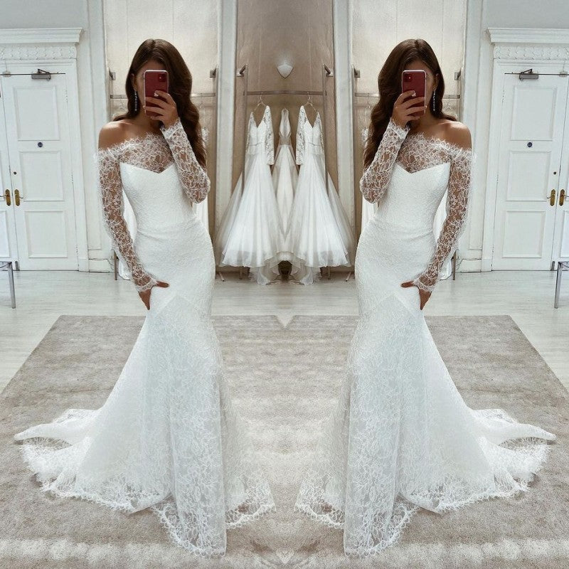 Beautiful Off-the-Shoulder Lace Wedding Dress Mermaid Bridal Gowns Long Sleeves-ballbellauk