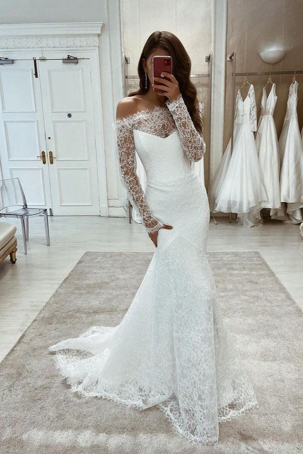 Beautiful Off-the-Shoulder Lace Wedding Dress Mermaid Bridal Gowns Long Sleeves-ballbellauk