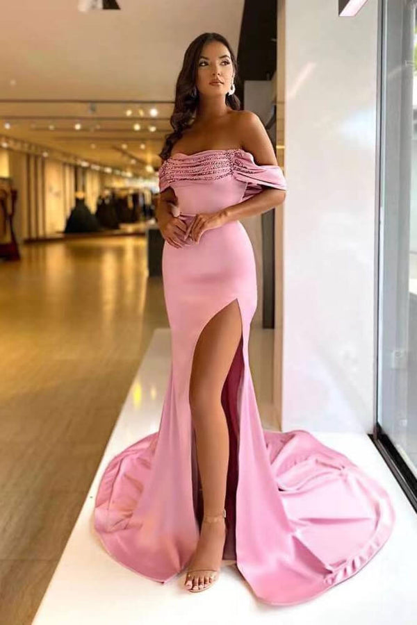 Beautiful Pink Purple Off-The-Shoulder Mermaid Prom Dress UK With Long Beads and Split-ballbellauk