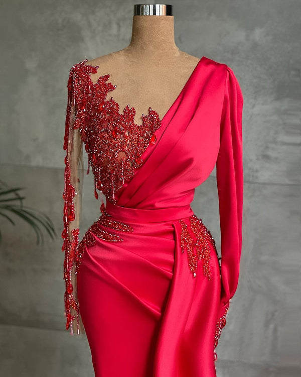 Beautiful Red Mermaid Evening Dress Lace Appliques Prom Gown Ruffles Long Sleeve-ballbellauk