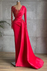 Beautiful Red Mermaid Evening Dress Lace Appliques Prom Gown Ruffles Long Sleeve-ballbellauk