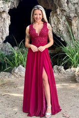 Beautiful Red V Neck Long Prom Dress UK with Applique and Slit-ballbellauk