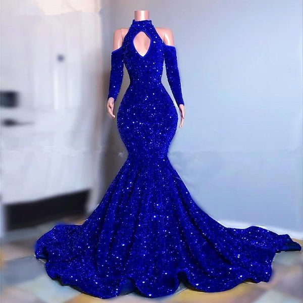 Beautiful Royal Blue evening Dress Mermaid Long With Sequins Long Sleeves-ballbellauk