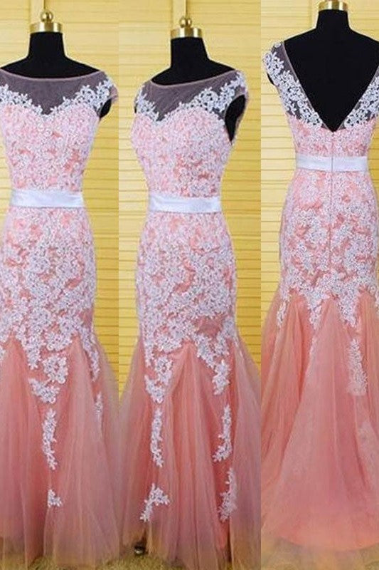 Beautiful Sleeveless Mermaid Bateau With Appliques Tulle Prom Dress online-ballbellauk