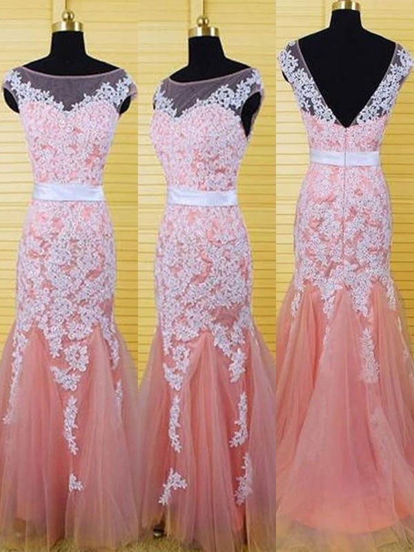 Beautiful Sleeveless Mermaid Bateau With Appliques Tulle Prom Dress online-ballbellauk