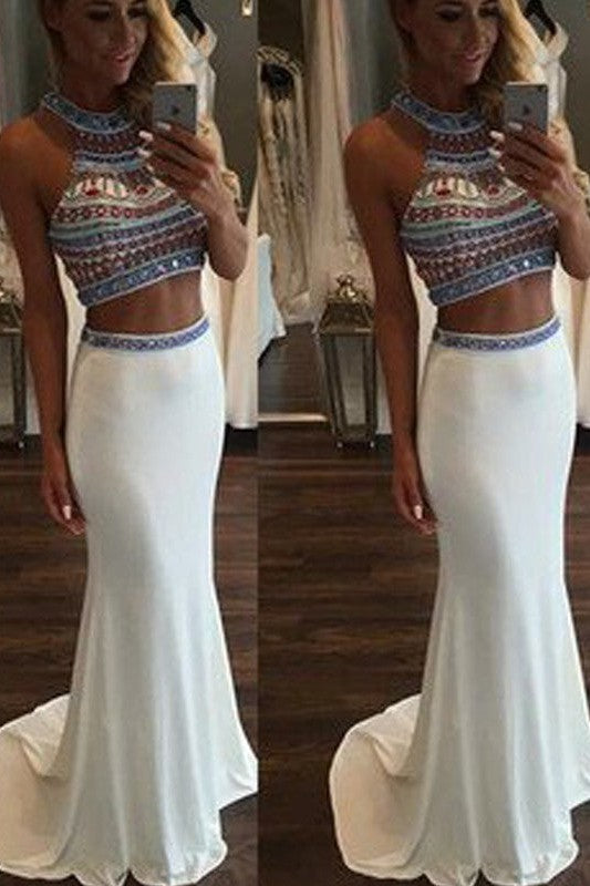 Beautiful Sleeveless Mermaid Halter Beading Spandex Two Piece Prom Dress-ballbellauk