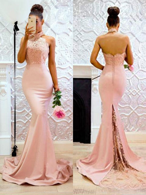 Beautiful Sleeveless Mermaid Halter Lace Prom Dress with Charmeuse-ballbellauk