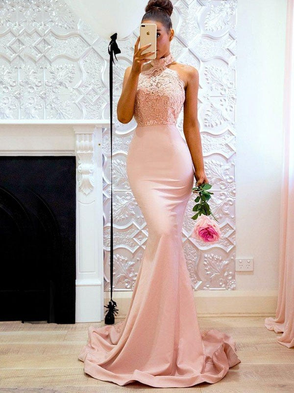 Beautiful Sleeveless Mermaid Halter Lace Prom Dress with Charmeuse-ballbellauk