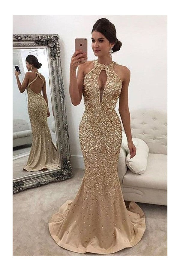 Beautiful Sleeveless Mermaid Halter Sequin Elegant Evening Dress-ballbellauk