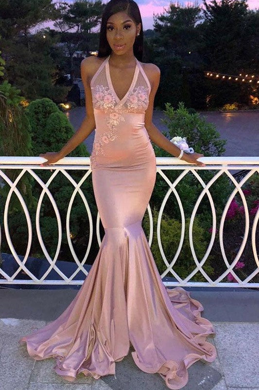 Beautiful Sleeveless Mermaid Halter With Appliques Prom Dress with Elastic Woven Satin-ballbellauk