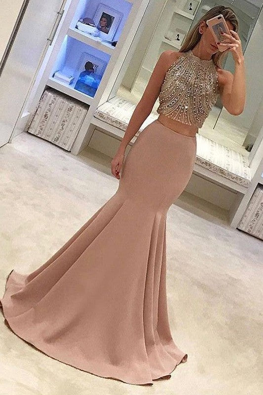 Beautiful Sleeveless Mermaid High Neck Satin Two Piece Prom Dress-ballbellauk