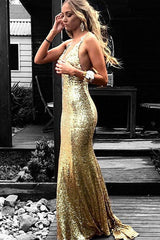 Beautiful Sleeveless Mermaid Long V-neck Ruffles Sequins Prom Dress-ballbellauk