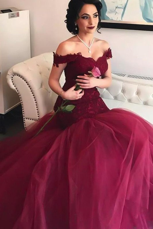 Beautiful Sleeveless Mermaid Off-the-Shoulder Long Lace Tulle Prom Dress-ballbellauk