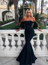 Beautiful Sleeveless Mermaid Off-the-Shoulder Long Ruffles Stretch Crepe Prom Dress-ballbellauk