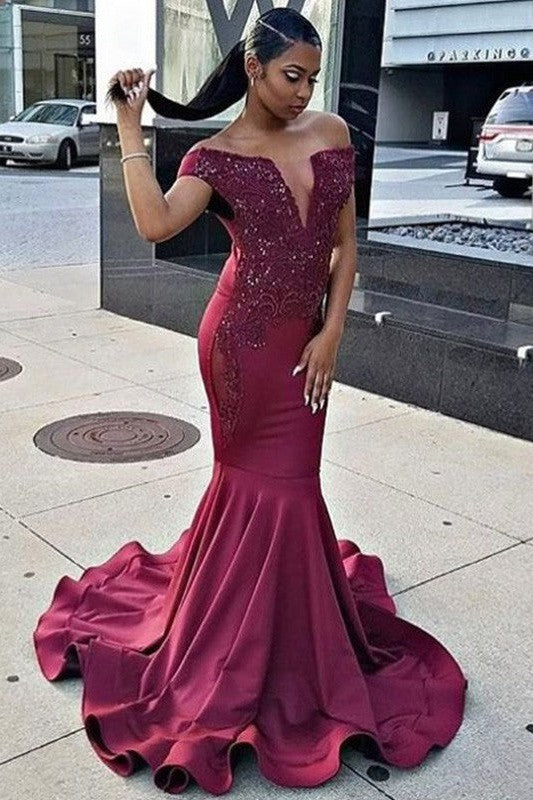 Beautiful Sleeveless Mermaid Off-the-Shoulder Satin Lace Prom Dress-ballbellauk