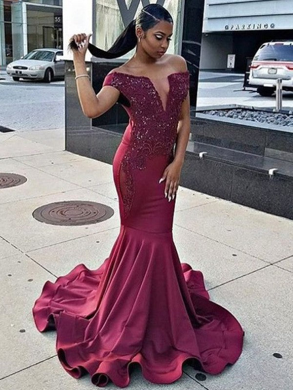 Beautiful Sleeveless Mermaid Off-the-Shoulder Satin Lace Prom Dress-ballbellauk