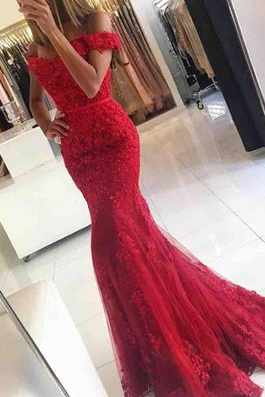 Beautiful Sleeveless Mermaid Off-the-Shoulder Tulle With Appliques Prom Dress-ballbellauk