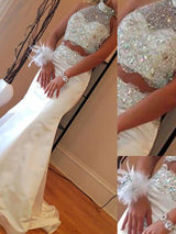 Beautiful Sleeveless Mermaid Satin Beading Two Piece Prom Dress-ballbellauk