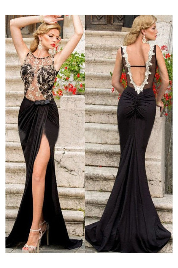 Beautiful Sleeveless Mermaid Scoop Lace Jersey Prom Dress-ballbellauk