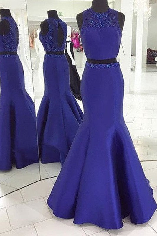 Beautiful Sleeveless Mermaid Scoop Long Beading Satin Two Piece Prom Dress-ballbellauk