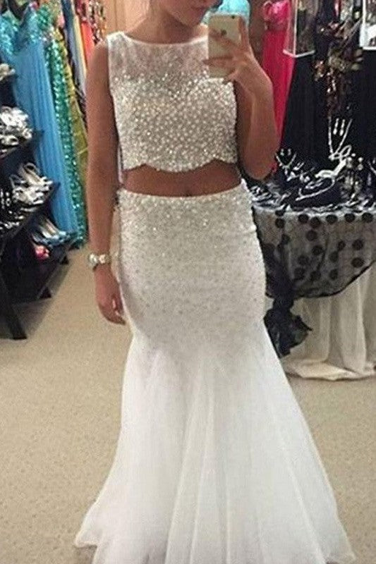 Beautiful Sleeveless Mermaid Scoop Long Beading Tulle Prom Dress-ballbellauk