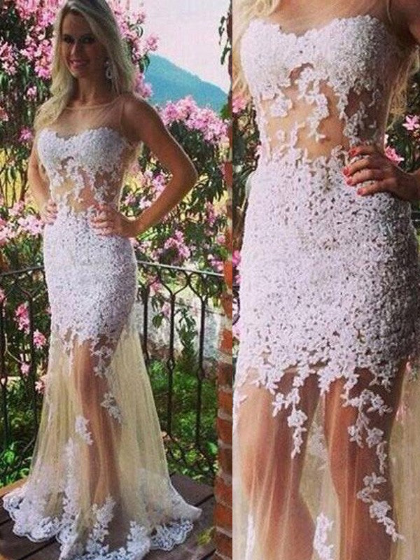 Beautiful Sleeveless Mermaid Scoop With Appliques Tulle Long Prom Dress-ballbellauk